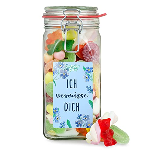 Ich vermisse Dich – tolles Geschenk-Glas mit buntem Süßigkeiten-Mix, Geschenk für Freunde und Familie von Der Zuckerbäcker