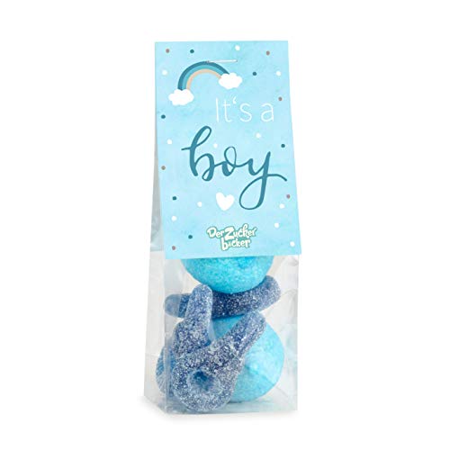It’s a boy – Naschbeutel gefüllt mit blauem Süßigkeiten-Mix, schöne Geschenk-Idee für Baby-Party von Der Zuckerbäcker