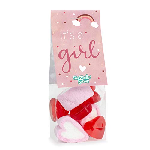 It’s a girl – Naschbeutel gefüllt mit Schaumzucker- und Fruchtgummi-Herzen, schöne Geschenk-Idee für die Baby-Party von Der Zuckerbäcker