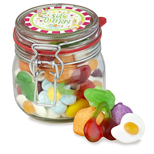 Kleine Osterfreude, leckerer Fruchtgummi & Schaumzucker Süßigkeiten-Oster-Mix in einem nostalgischen Bügelglas, süßes Ostergeschenk von Der Zuckerbäcker