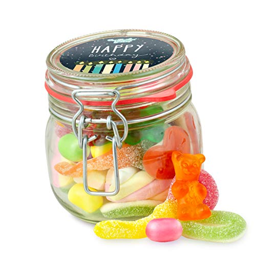 Kleines Happy Birthday Glas – 320 g toller Süßigkeiten-Mix zum Verschenken, süße Geschenk-Idee zum Geburtstag von Der Zuckerbäcker
