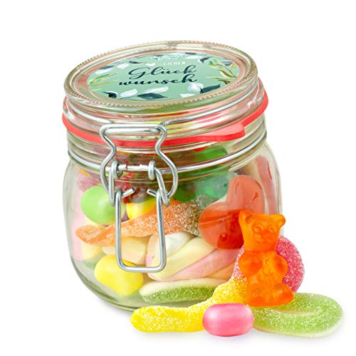 Kleines Herzlichen Glückwunsch Glas – bunter Süßigkeiten-Mix in hochwertigem Geschenk-Glas von Der Zuckerbäcker