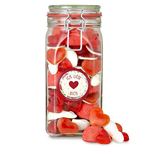 Liebesglas, ein großes Bügelglas voller Liebe - rot-weißer Süßigkeiten-Mix aus Fruchtgummi und Schaumzucker, ein süßes Geschenk zum Jahrestag und Valentinstag für Deine(n) Liebsten von Der Zuckerbäcker