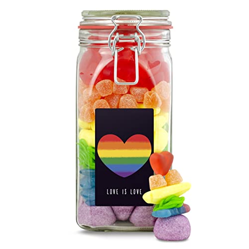 Love is Love Regenbogen-Süßigkeitenglas – Süßigkeiten-Mix in Regenbogenfarben, Pride-Geschenk für LGBTQ+ von Der Zuckerbäcker