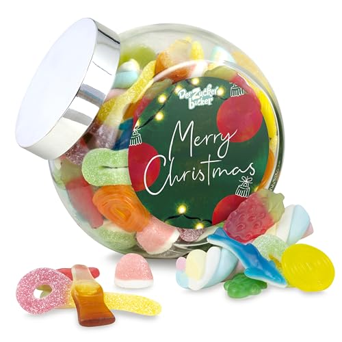 Merry Christmas Süßigkeiteng-Glas – weihnachtlicher Süßigkeiten-Mix in edlem Schräghalsglas mit Deckel als Geschenk-Idee an Weihnachten und Nikolaus von Der Zuckerbäcker