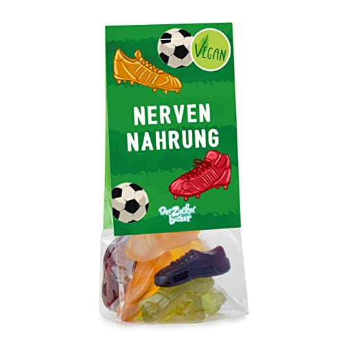 Naschbeutel Nervennahrung – bunte vegane Fruchtgummi-Fußball-Schuhe im Geschenk-Beutel, süße Geschenk-Idee von Der Zuckerbäcker