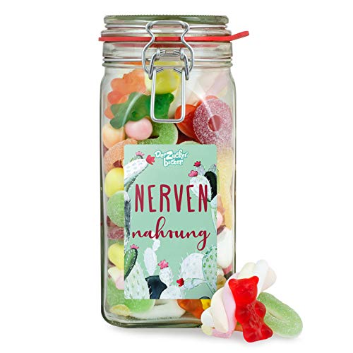 Nervennahrung - Süßigkeiten-Glas mit bunter Mischung aus Fruchtgummi, Kaubonbon und Marshmallow, 760 g Nervennahrung - Süßigkeiten-Glas mit bunter Mischung aus Fruchtgummi, Kaubonbon und Marshmallow, 760 g von Der Zuckerbäcker