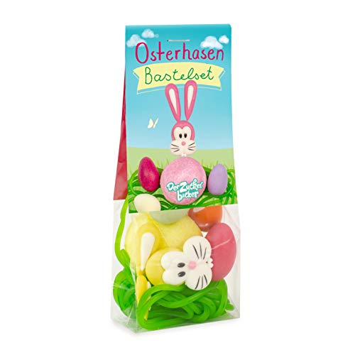 Osterhasen Bastelset, grüne Fruchtgummischnüre, bunte Ostereiermandeln und Marshmallow, süßes Oster Bastelset im Naschbeutel, schöne Geschenkidee zu Ostern von Der Zuckerbäcker