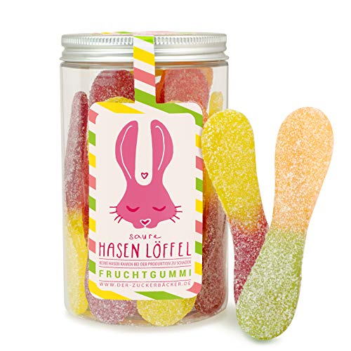 Saure Hasenlöffel in der Naschdose, 200 Gramm sauren Zungen, vegane Süßigkeiten, schönes Oster-Mitbringsel von Der Zuckerbäcker