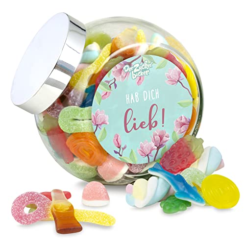 Der Zuckerbäcker Schräghalsglas Hab Dich Lieb – süßer Nasch-Mix aus Fruchtgummi und Marshmallow, romantisches Geschenk für Freund oder Freundin zum Jahrestag oder Valentinstag von Der Zuckerbäcker