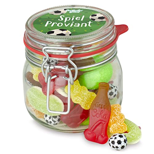 Spielproviant – kunterbunter Fußball-Süßigkeiten-Mix im hochwertigen Glas, super Geschenk-Idee für Fußball-Fans von Der Zuckerbäcker
