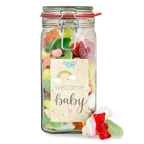 Welcome Baby Süßigkeitenglas – kunterbunter Süßigkeiten-Mix im Glas, süßes Geschenk für die Babyparty oder Babyshower von Der Zuckerbäcker