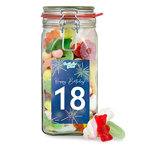 Zum 18. Geburtstag Süßigkeitenglas – bunter Süßigkeiten-Mix im hochwertigen Geschenkglas, tolles Geschenk zum 18ten Geburtstag von Der Zuckerbäcker