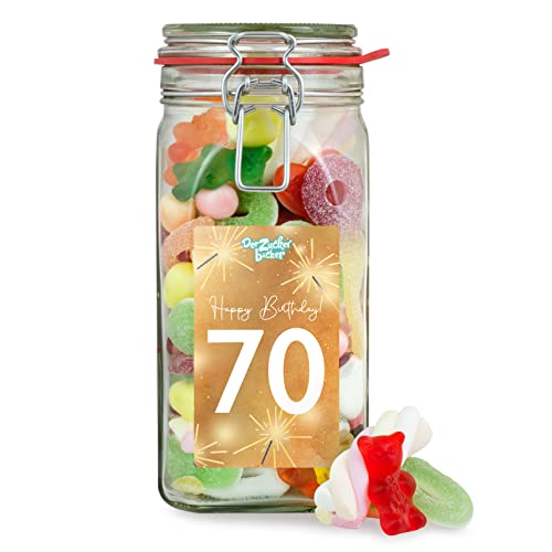 Zum 70. Geburtstag Süßigkeitenglas – süße Glückwünsche im Glas, toller Süßigkeiten-Mix für den 70ten Geburtstag von Der Zuckerbäcker