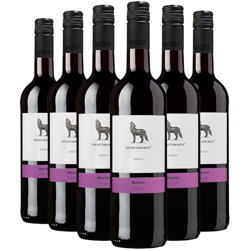 Wolfenweiler Merlot Rotwein trocken - Qualitätswein mit feiner Waldbeerenaromatik und sanftem Schmelz, aus Baden Markgräflerland (6 x 0,75 L) von Der mit dem Wolf