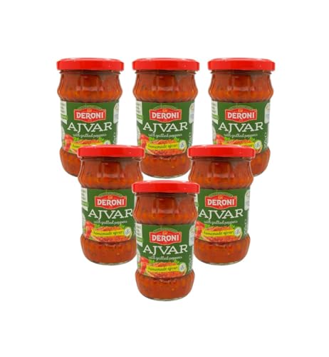 Deroni Ajvar Paprika-Auberginen-Paste 6er Pack im Glas | Traditionelle Paste auf dem Balkan | 100% natürlich und biologisch | 6 x 265 g von Deroni