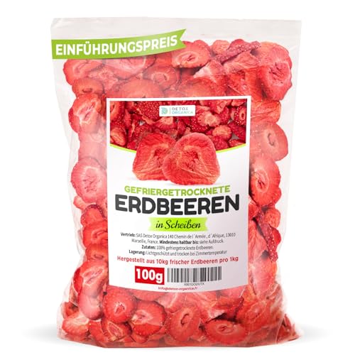 GEFRIERGETROCKNETE ERDBEEREN, 100g Früchte in Scheiben, 100% Trockenfrüchte - natürlich und ohne Zusatz von Zucker oder Zusatzstoffen, Höchste Qualität von Detox Organica von Detox Organica