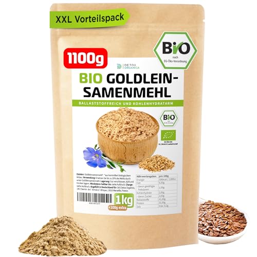 Goldleinsamenmehl Bio 1Kg + 100g extra XXL-Vorteilspack Gold Leinsamenmehl, Ballaststoffreich hoher Proteingehalt glutenfrei und wenig Kohlenhydrate, Goldleinmehl als Mehlersatz von Detox Organica