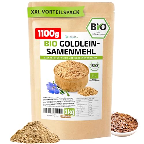 Goldleinsamenmehl Bio 1Kg + 100g extra XXL-Vorteilspack Gold Leinsamenmehl, Ballaststoffreich hoher Proteingehalt glutenfrei und wenig Kohlenhydrate, Goldleinmehl als Mehlersatz von Detox Organica