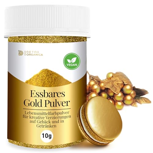 Goldpulver essbar, 10g Lebensmittelfarbe Gold ohne E171 Farbstoff, Goldstaub zum Backen und Dekorieren, Ideal für Torten, Kuchen, Schokolade und Getränke, Essbarer Glitzer von Detox Organica