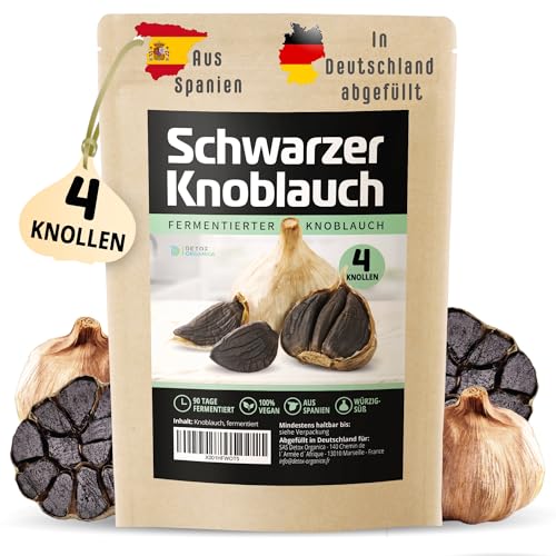 Schwarzer Knoblauch, 4 Knollen fermentierter Knoblauch aus Spanien, 90 Tage fermentiert, große ganze Knollen, Frischer Black Garlic würzig-süß und vielseitig von Detox Organica