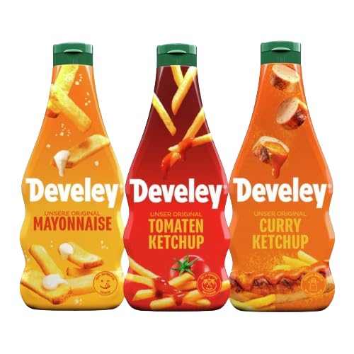 Develey - 3er Set 3x500 ml Squeeze-Flaschen im Bundle - Bundle bestehend aus Tomaten Ketchup, Curry Ketchup, Mayonnaise - Perfekt für Burger, Pommes und Hotdog von Develey