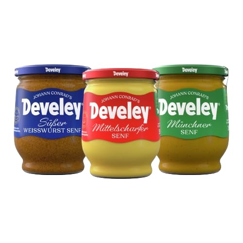 Develey - 3er Set 3x500 ml im Bundle - Bundle bestehend aus süßem Weisswurst, mittelscharfem Senf & Münchner Senf - Perfekt für Würste und Leberkäse von Develey