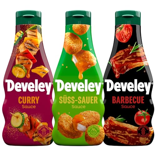 Develey 3er Saucen Bundle, 3*250ml, Süß-Sauer, Curry, BBQ Sauce , Squeeze-Flaschen von Develey