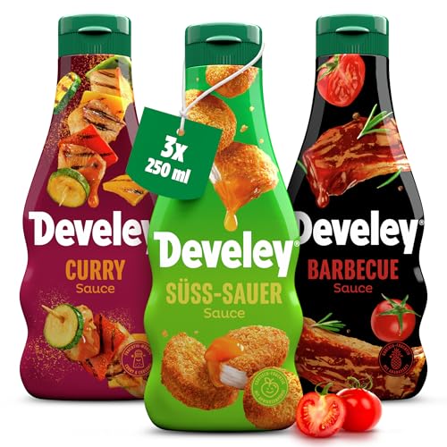 Develey – Saucen-Set 3x250ml Squeeze-Flaschen im Bundle – Bundle bestehend aus Süß-Sauer, Curry & BBQ – Ohne Konservierungsstoffe & Glutamat - Perfekt für viele Gerichte als Topping oder Dip von Develey