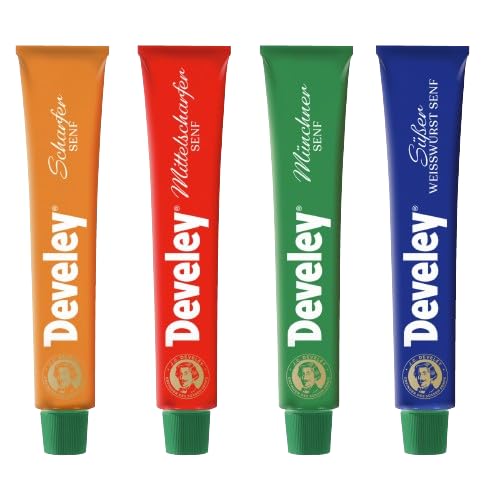 Develey - 4er Set 4x100 ml im Bundle - Bundle bestehend aus scharfem, mittelscharfem, süßem Weisswurst Senf & Münchner Senf - Perfekt für Würste und Leberkäse von Develey