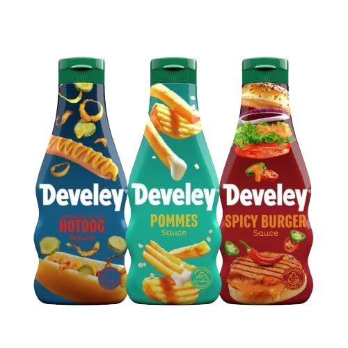 Develey – Saucen-Set 3x250 ml Squeeze-Flaschen im Bundle – Bundle bestehend aus Hotdog, Pommes & Spicy Burger Saucen – Ohne Konservierungsstoffe - Perfekt für viele Gerichte als Topping oder Dip von Develey