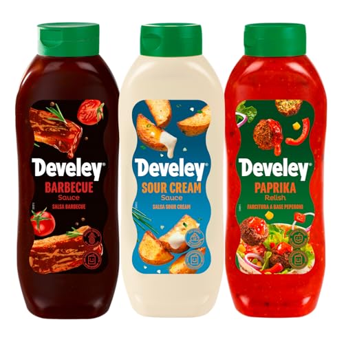Develey – Saucen-Set 3x875 ml Squeeze-Flaschen im Bundle – Bundle bestehend aus Barbecue Sauce, Sour Cream Sauce & Paprika Relish - Perfekt für viele Gerichte als Topping oder Dip von Develey