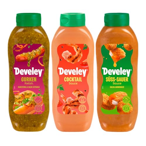 Develey – Saucen-Set 3x875 ml Squeeze-Flaschen im Bundle – Bundle bestehend aus Gurken Relish, Cocktail & Süss-Sauer Saucen - Perfekt für viele Gerichte als Topping oder Dip von Develey