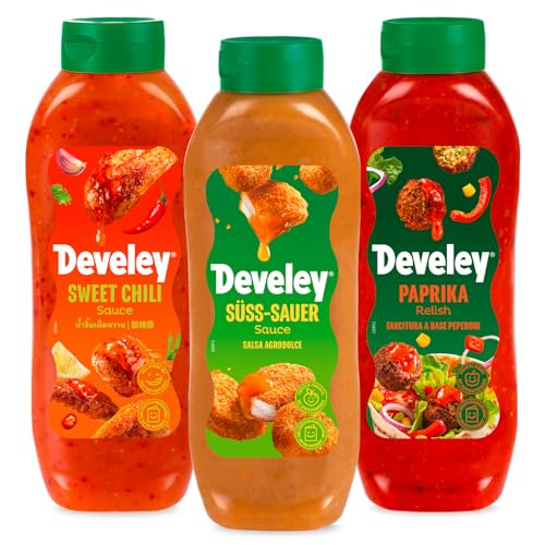 Develey – Saucen-Set 3x875 ml Squeeze-Flaschen im Bundle – Bundle bestehend aus Sweet Chili Sauce, Süss-Sauer Sauce & Paprika Relish - Perfekt für viele Gerichte als Topping oder Dip Develey – Saucen-Set 3x875 ml Squeeze-Flaschen im Bundle – Bundle bestehend aus Sweet Chili Sauce, Süss-Sauer Sauce & Paprika Relish - Perfekt für viele Gerichte als Topping oder Dip von Develey