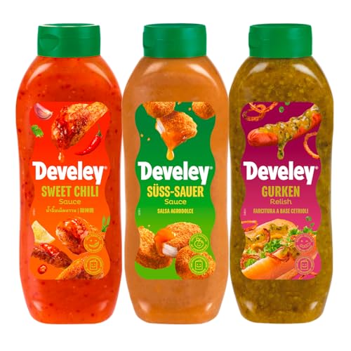 Develey – Saucen-Set 3x875 ml Squeeze-Flaschen im Bundle – Bundle bestehend aus Sweet Chili Sauce, Süßsauer Sauce & Gurken Relish - Perfekt für viele Gerichte als Topping oder Dip von Develey