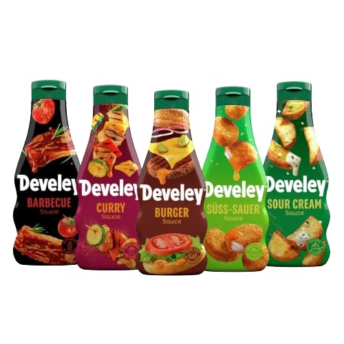 Develey – Saucen-Set 5x250 ml Squeeze-Flaschen im Bundle – Bundle bestehend aus Barbecue, Curry, Burger, Süß-Sauer & Sour Cream Saucen – Ohne Konservierungsstoffe von Develey