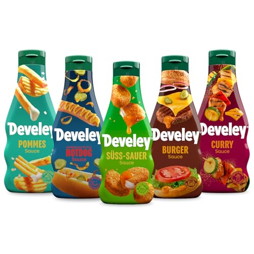 Develey – Saucen-Set 5x250 ml Squeeze-Flaschen im Bundle – Bundle bestehend aus Pommes, Hotdog, Süß-Sauer, Burger & Curry Saucen – Ohne Konservierungsstoffe Develey – Saucen-Set 5x250 ml Squeeze-Flaschen im Bundle – Bundle bestehend aus Pommes, Hotdog, Süß-Sauer, Burger & Curry Saucen – Ohne Konservierungsstoffe von Develey