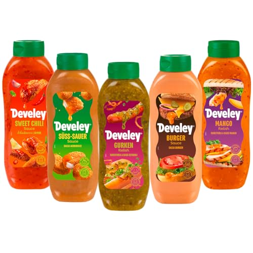 Develey – Saucen-Set 5x875 ml Squeeze-Flaschen im Bundle – Bundle bestehend aus Sweet Chili, Süßsauer, Burger, Mango Saucen & Gurken Relish - Perfekt für viele Gerichte als Topping oder Dip von Develey