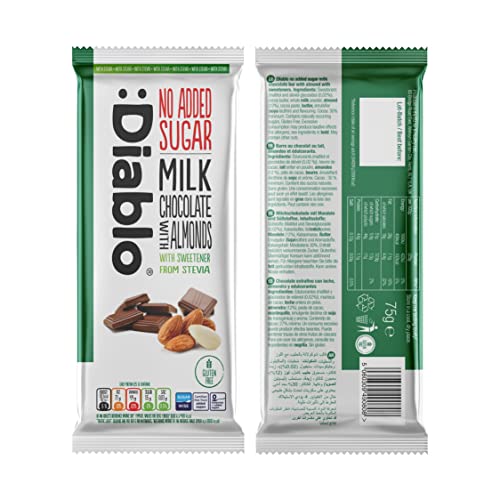 Diablo Vollmilchschokolade mit Mandeln | zuckerfrei | diabetiker-geeignet | mit Stevia gesüßt | Geschenkidee | ohne Zuckerzusatz | 75g Diablo Vollmilchschokolade mit Mandeln | zuckerfrei | diabetiker-geeignet | mit Stevia gesüßt | Geschenkidee | ohne Zuckerzusatz | 75g von Diablo