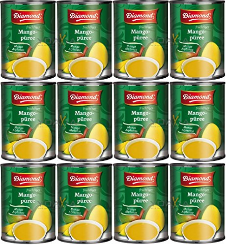 [ 12x 850g ] DIAMOND Mango Püree Alphonso / Mango Pulp / Mangopüree + ein kleines Glückspüppchen - Holzpüppchen von Diamond