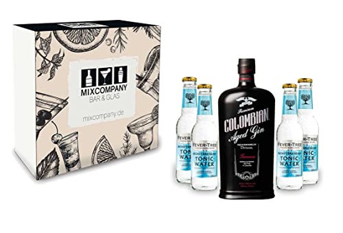 Gin Tonic Giftbox Geschenkset - Dictador Colombian Aged Gin Black 0,7l 700ml (43% Vol) + 4x Fever Tree Mediterranean Tonic Water 200ml inkl. Pfand MEHRWEG -[Enthält Sulfite] von Dictador-Dictador