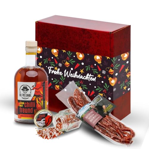 DIE ÖLFREUNDE Geschenkbox ''Feurige Weihnacht'' | scharf mit Chili | Grobkörniges Chilisalz| Chiliöl | Paprikabeisser von Die Ölfreunde