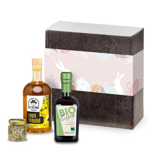 DIE ÖLFREUNDE Osterbox "Frühlingsfreude" | 1x Rapsfreund, 1x Bio schwarze Johannisbeere Essig, 1x Kräutersalz von Die Ölfreunde
