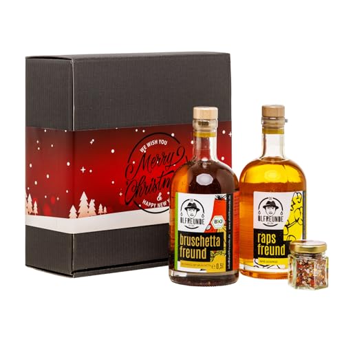 DIE ÖLFREUNDE Weihnachtsbox „Weisse Weihnacht“ | hochwertiges kaltgepresstes Speiseöl | Rapsöl | Bio Bruschettaöl | Chilisalz | nachhaltiges Geschenk |Geschenkidee für Weihnachten von Die Ölfreunde