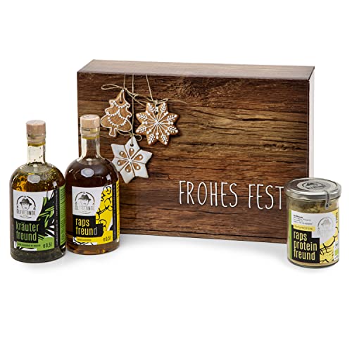 DIE ÖLFREUNDE Weihnachtsbox "Frohes Fest" | hochwertige kaltgepresste Öle | 2 Speiseöle | Bio Rapsprotein Pulver | Leckeres Lebkuchenrezept mit Rapsprotein | Geschenkidee für Weihnachten von Die Ölfreunde