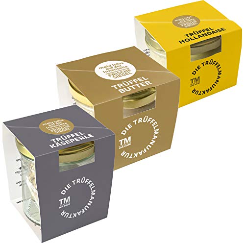 Die Trüffelmanufaktur - Feinkost Trüffel Probierpaket bestehend aus: Trüffelbutter 95g, Hollandaise 180g und Hobelkäse „Perle“ 60g, das perfekte Geschenkset zum Geburtstag und Weihnachten von Die Trüffelmanufaktur