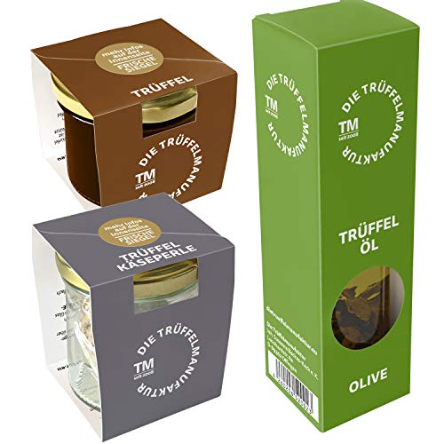 Die Trüffelmanufaktur - “Chefkoch” Trüffel 3er Feinkost Geschenkset - Die Grundausstattung für Trüffelliebhaber - Je 1 Stück: Trüffelperle 60g, Trüffelöl “Olive” 90ml, Trüffel-Carpaccio 30g von Die Trüffelmanufaktur