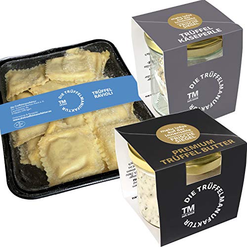 Die Trüffelmanufaktur - “Pasta-Basta” Trüffel 3er Set aus: Trüffelravioli 250g, Trüffelbutter Premium 95g, Trüffelperle 60g - Feinkost Delikatesse mit echten schwarzen Trüffeln - Ideal als Geschenk von Die Trüffelmanufaktur