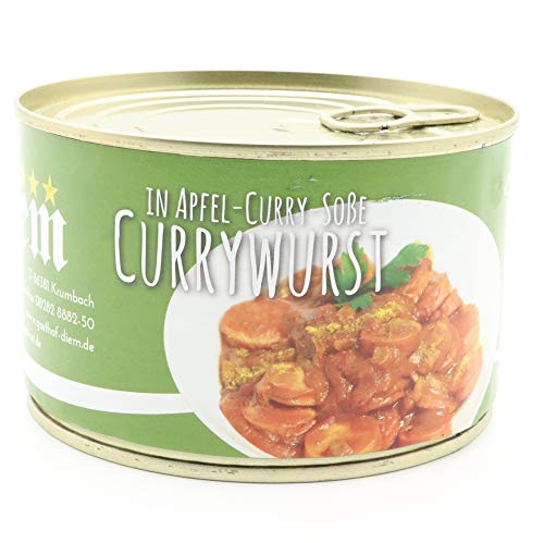Currywurst in der Dose / hausgemachte Rote Grillwurst in würziger hausgemachter Apfel-Curry Soße mit Englischem Curry, Diem Konserve 400g - Langes MhD von Diem