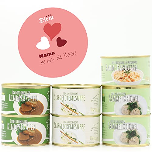 Diem - Festessen - Geschenkset - In der Konserve - 2x Rinderbraten 400g, 2x Semmelknödel 400g (270g Abtropfgewicht),1x Rahmkarotten 400g, 2x Spargelcremesuppe 400g von Diem